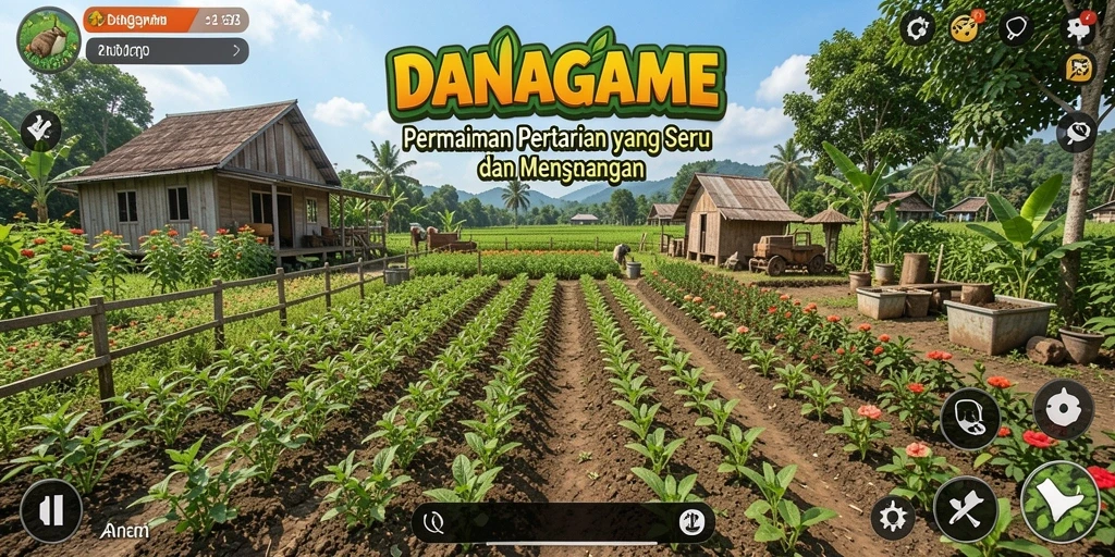 Screenshot utama DANAGAME menampilkan kebun yang subur dan penuh warna.