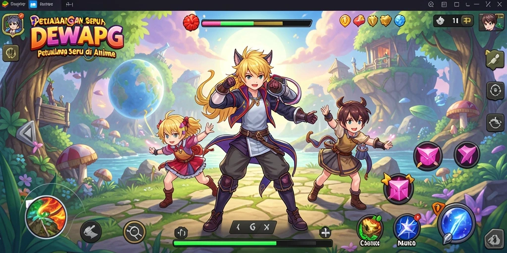 Tampilan gameplay DEWAPG dengan karakter anime yang beraksi.