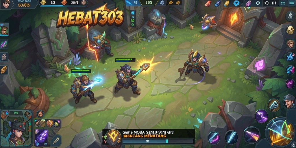 Screenshot gameplay seru HEBAT303 dengan aksi pertempuran tim MOBA.
