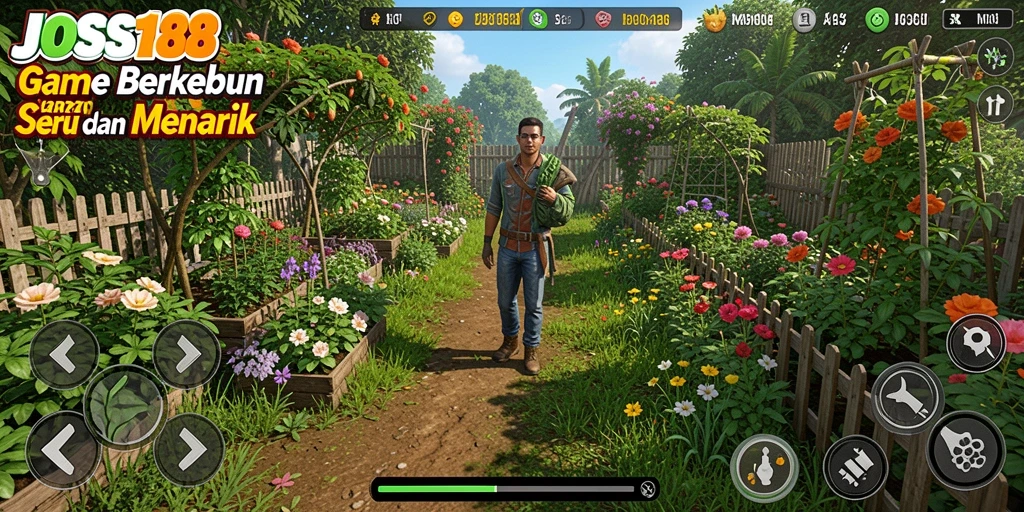 Tangkapan layar gameplay JOSS188 menunjukkan kebun yang indah dan interaktif.