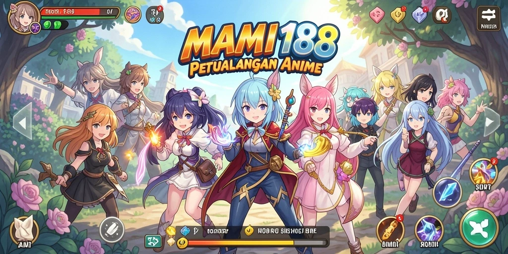Screenshot utama MAMI188 menampilkan karakter anime dengan latar belakang yang menakjubkan.