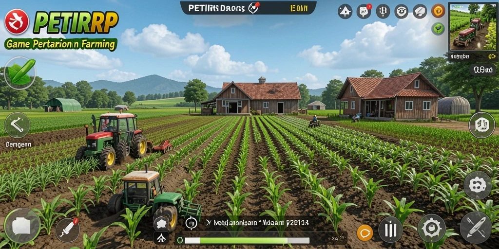 Tampilan gameplay menarik dalam PETIRRP dengan berbagai aktivitas pertanian.