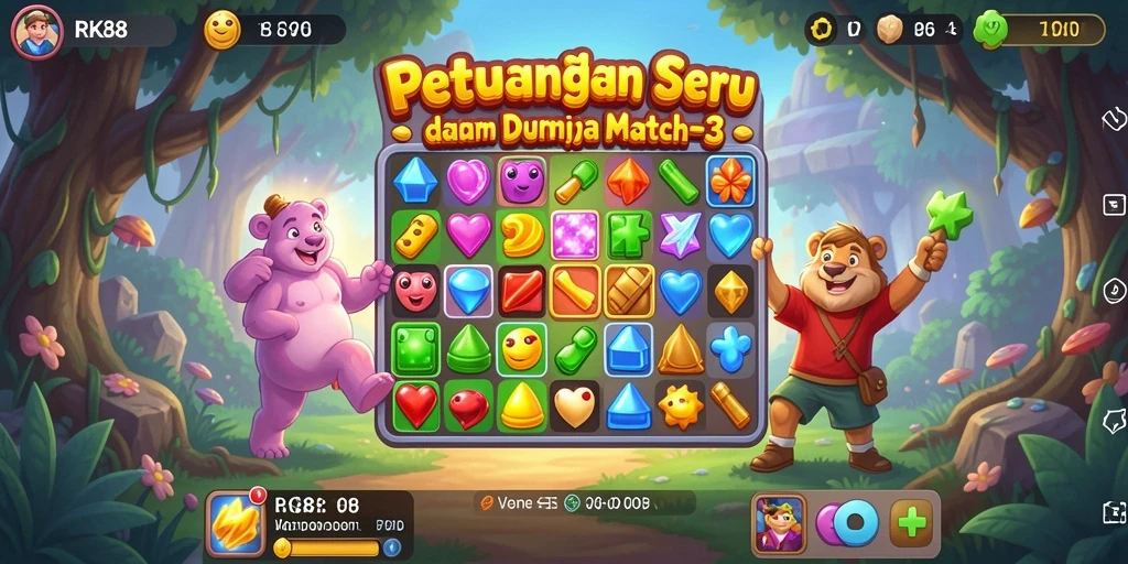 Tangkapan layar permainan RK88 dengan elemen Match-3 yang colorful.