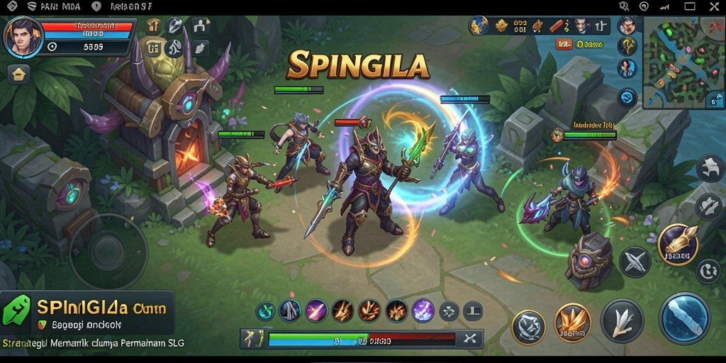 Gameplay seru SPINGILA dengan pertarungan strategis dan manajemen sumber daya.