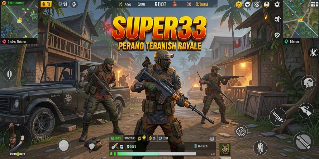 Tampilan gameplay SUPER33 yang penuh aksi dalam pertempuran Battle Royale.